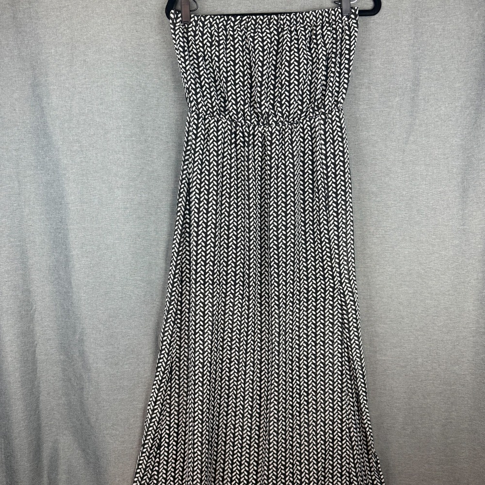 H&M Women Maxi Dress Black Geometric Strapless Sheer Gauzy Partially Lined Sz 10
